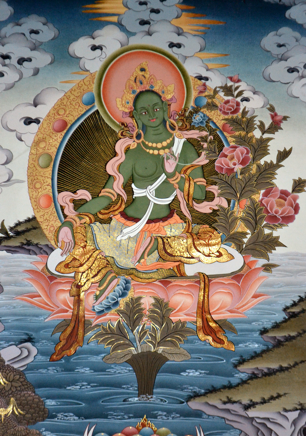 Green Tara in Vegetka is depicted with one foot in the lotus position and with the other leg up and ready to intervene at any time, for good and to help all sentient beings. Photo: Barbora Sajmovicova, 2016, Prague.